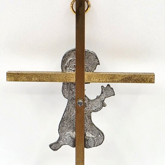 Wall Cross Crucifix with Pewter Praying Child Gold Toned Brass Baptism Gift 6 In - Picture 4 of 6